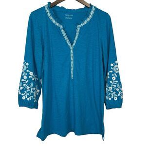 Talbots Embroidered Tunic Top Womens Medium Blue White Split Neck Ruffle Collar